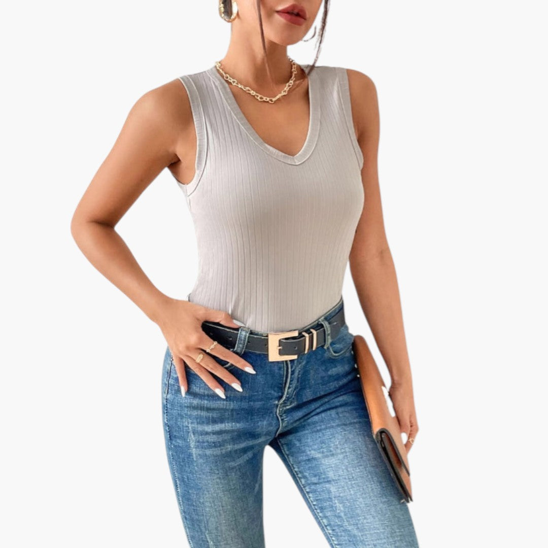 Damen-Top mit V-Ausschnitt und Rippstruktur