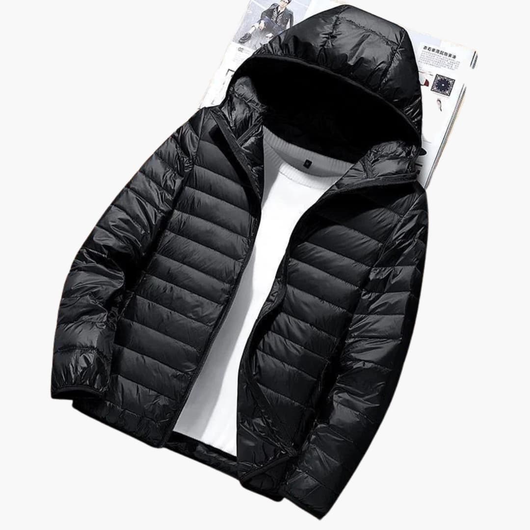 Chaqueta acolchada con capucha para hombre con acolchado horizontal y cierre frontal con cremallera
