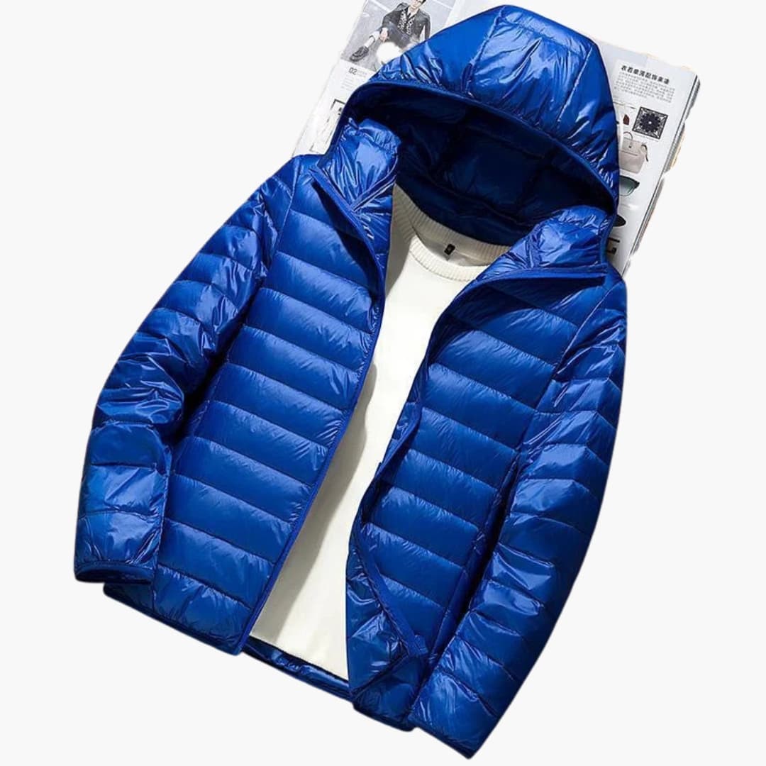 Chaqueta acolchada con capucha para hombre con acolchado horizontal y cierre frontal con cremallera