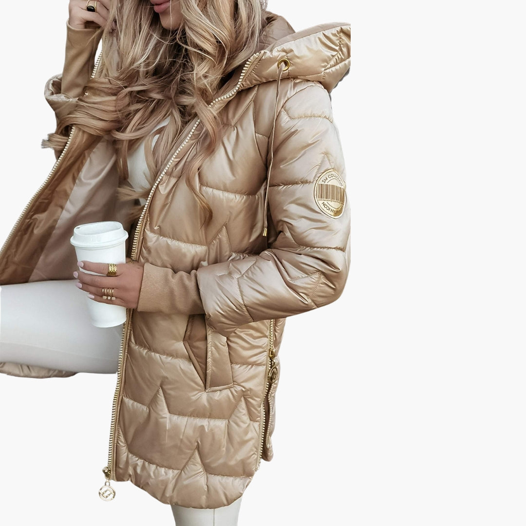 Doudoune femme longue à capuche avec fermeture zippée