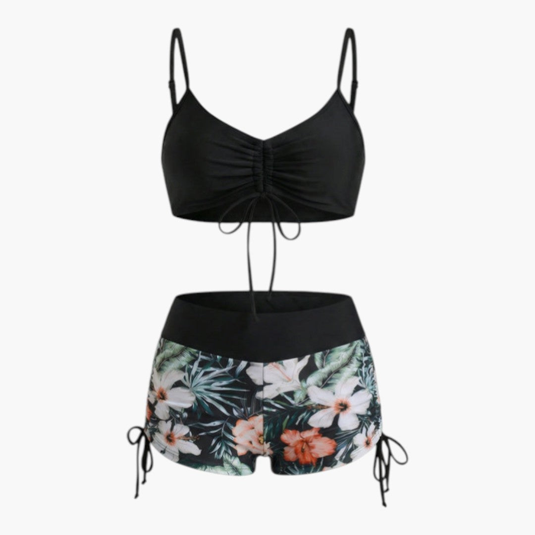 Ensemble bikini femme a bas taille haute à motif floral
