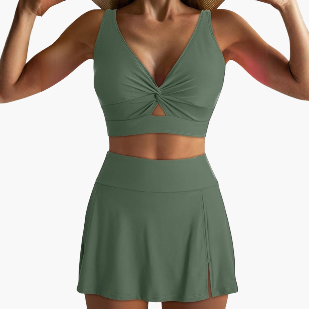 Bikini-Set für Damen mit gekreuztem Oberteil und Rock