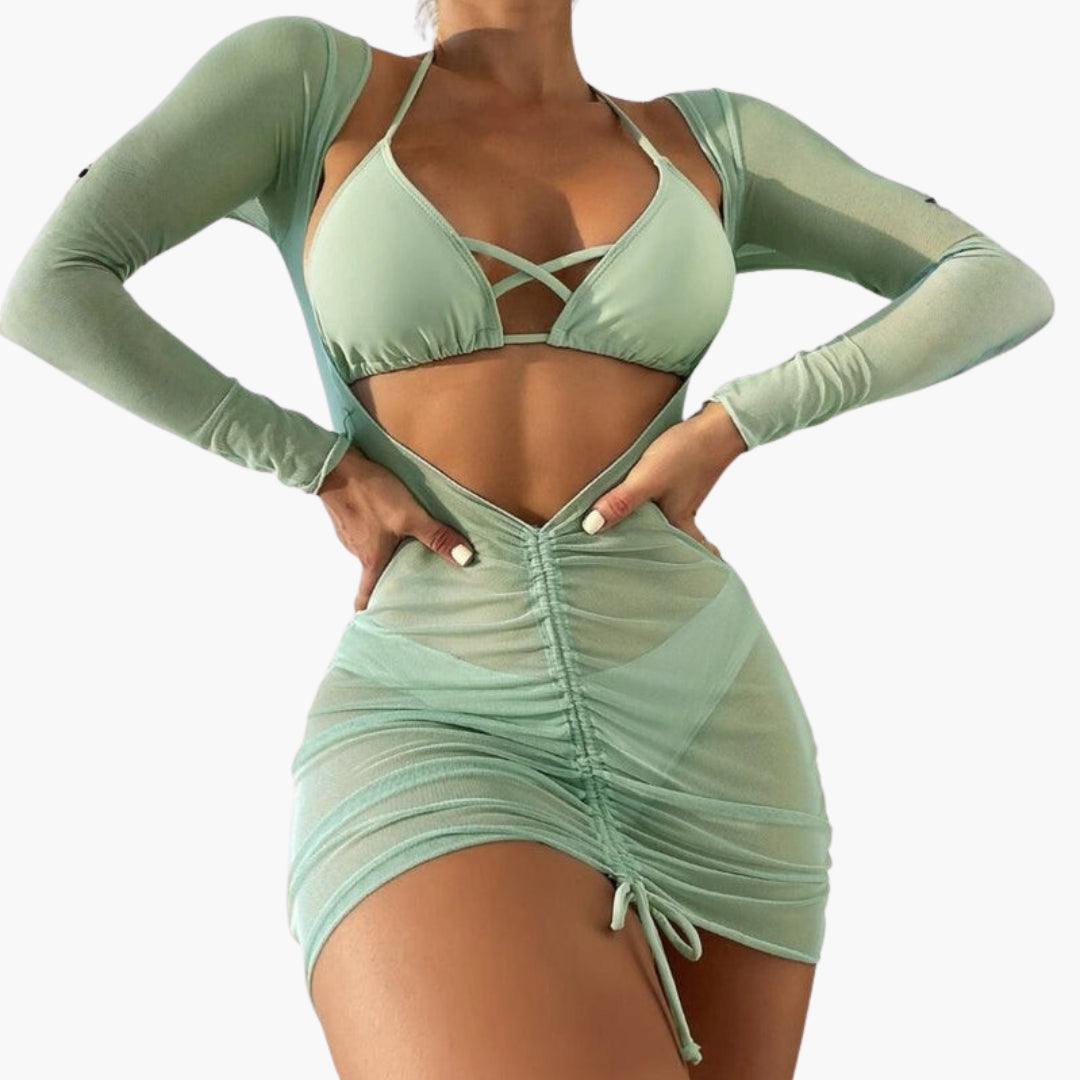 Ensemble bikini trois pièces femme a jupe longue en gaze
