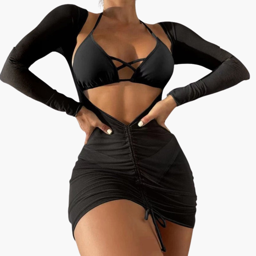Ensemble bikini trois pièces femme a jupe longue en gaze