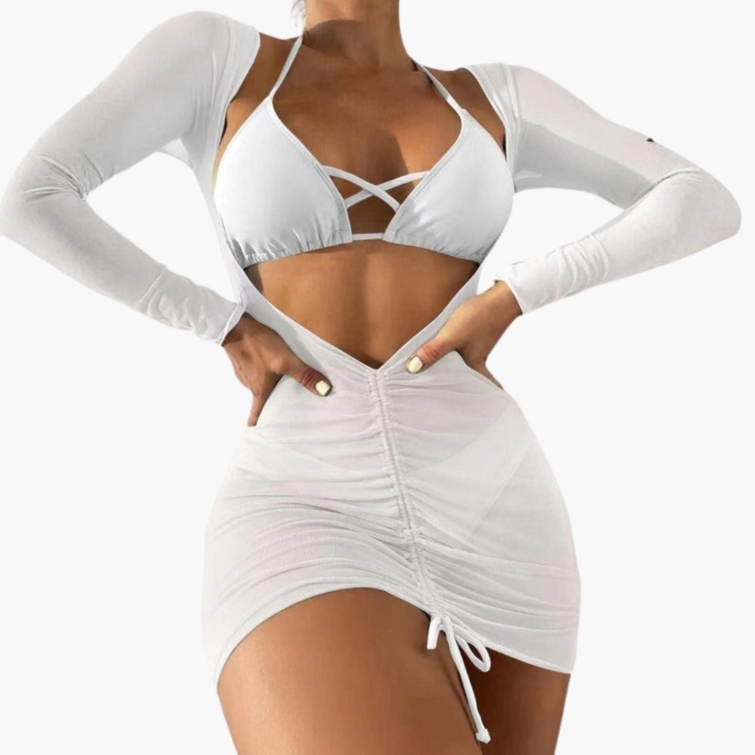 Ensemble bikini trois pièces femme a jupe longue en gaze