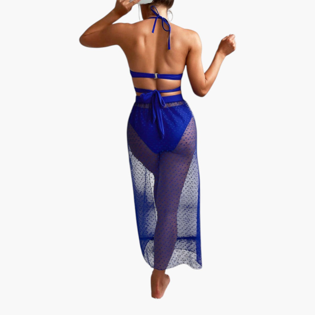 Tre-delt bikini sæt til kvinder med nederdel i netstof