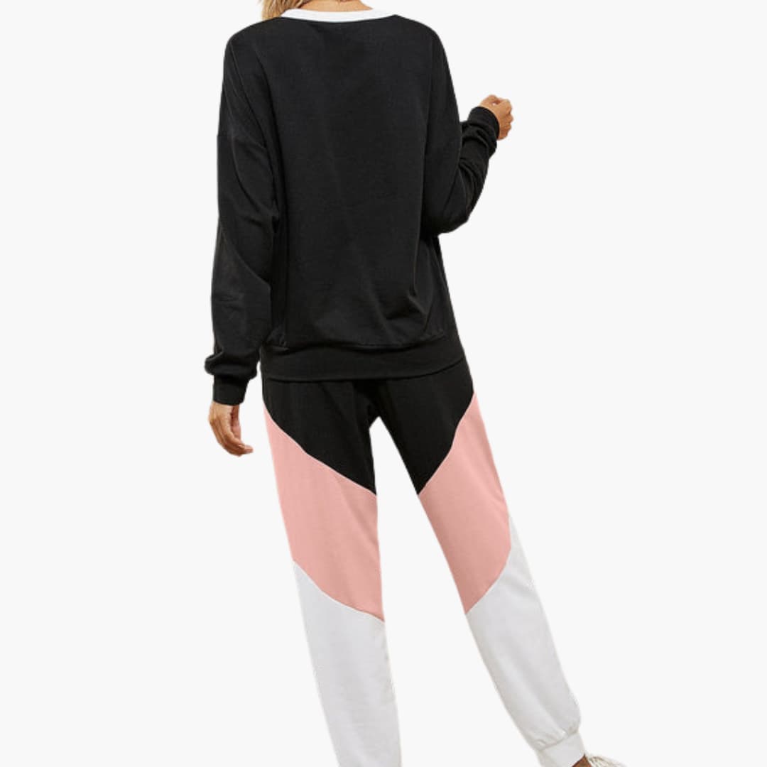 Ensemble de sport femme avec haut à panneaux contrastés et pantalon à taille élastique