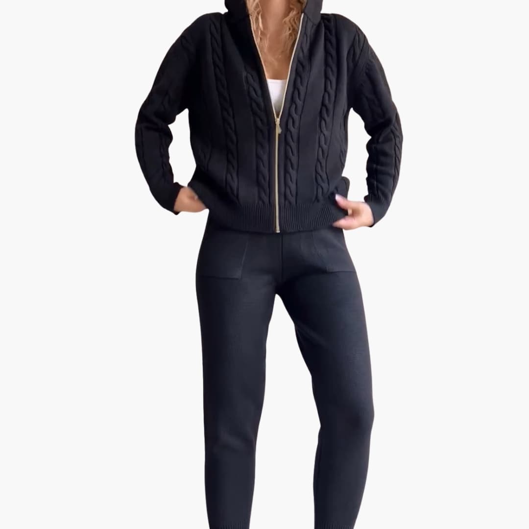 Conjunto de mujer de punto de dos piezas con chaqueta con cremallera y pantalón acanalado