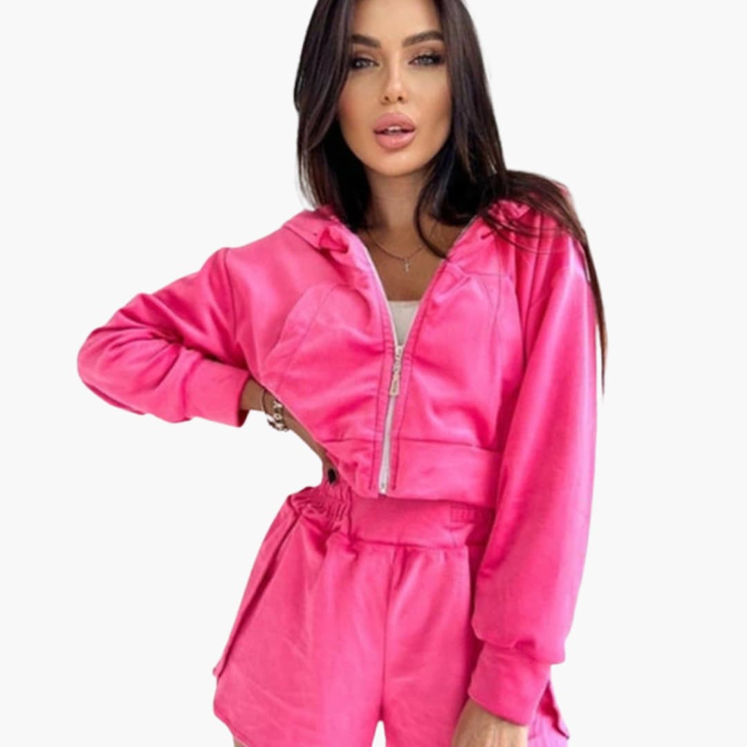 Ensemble femme hoodie court et short à fermeture zippée et taille élastique