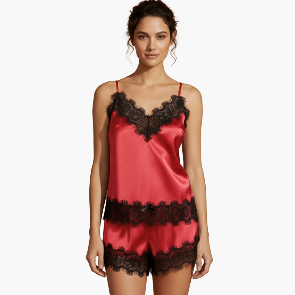 Ensemble pyjama femme en satin avec imprimé cœur et finitions en dentelle