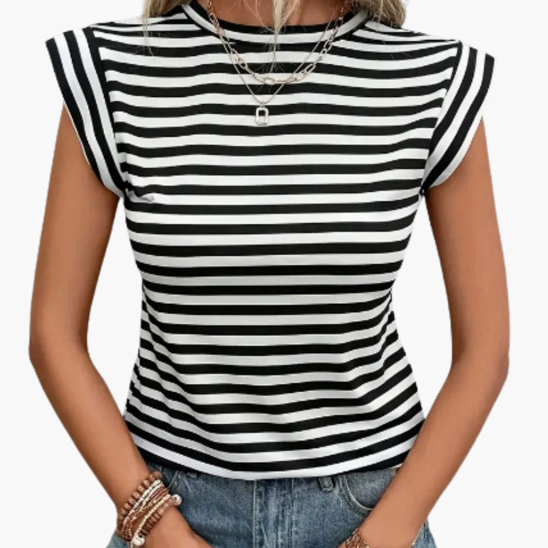Dame T-shirt med rund hals og vandrette striber