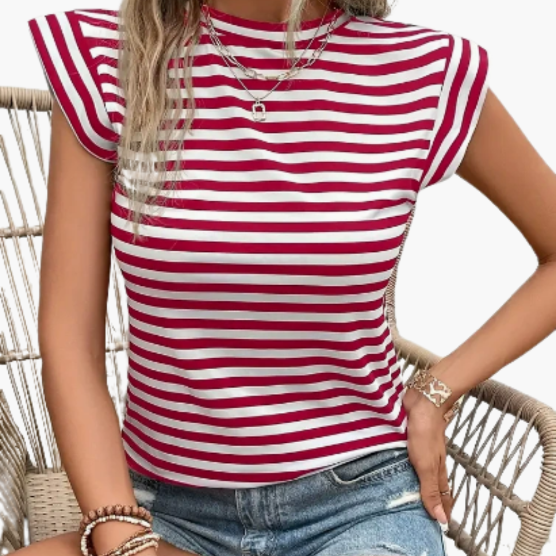 Dame T-shirt med rund hals og vandrette striber