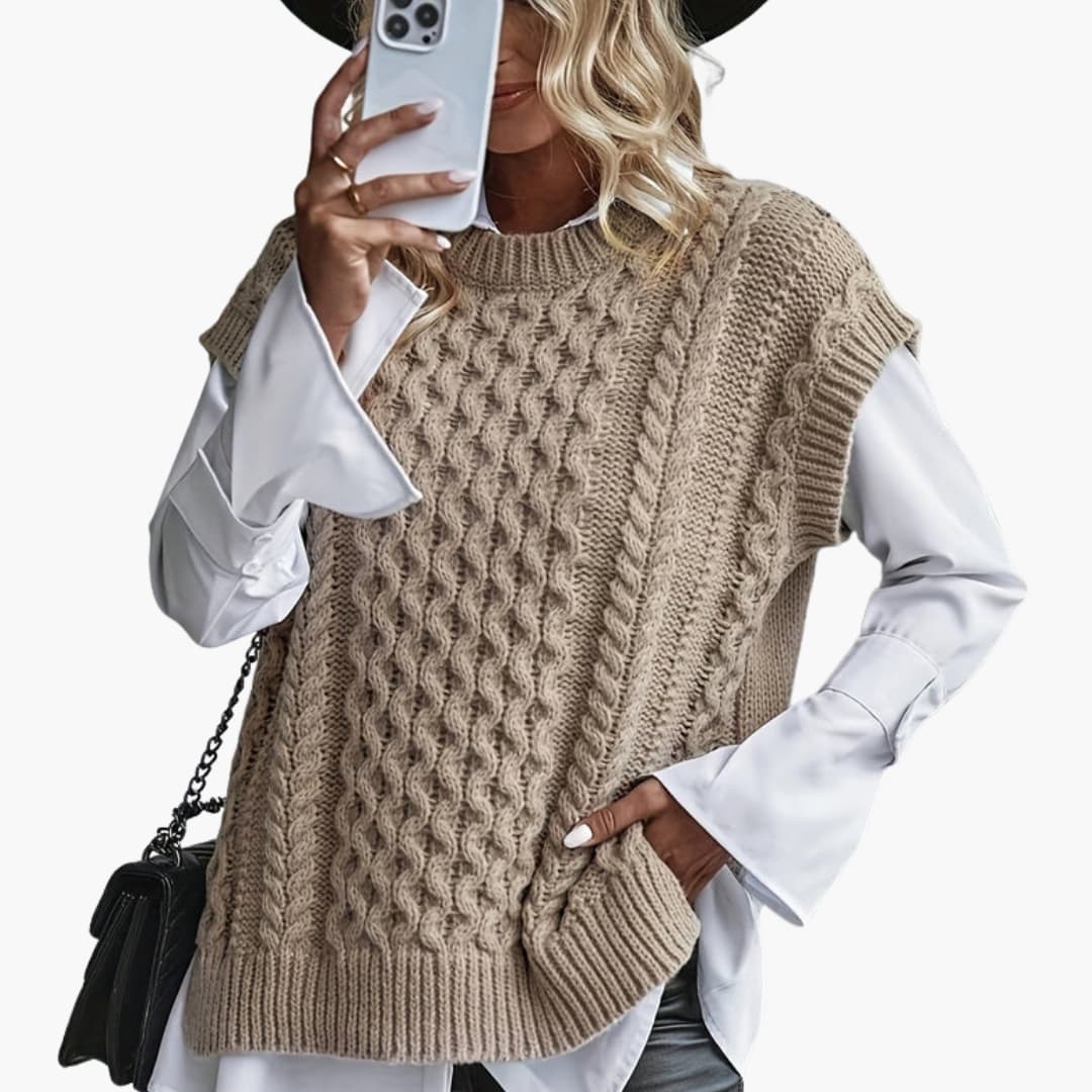 Gilet sans manches en maille torsadée pour femme avec col rond