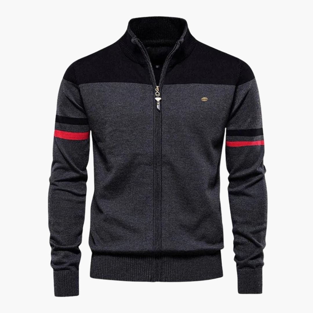 Mænds lynlåsvest med ribbet krave og stribet mønster