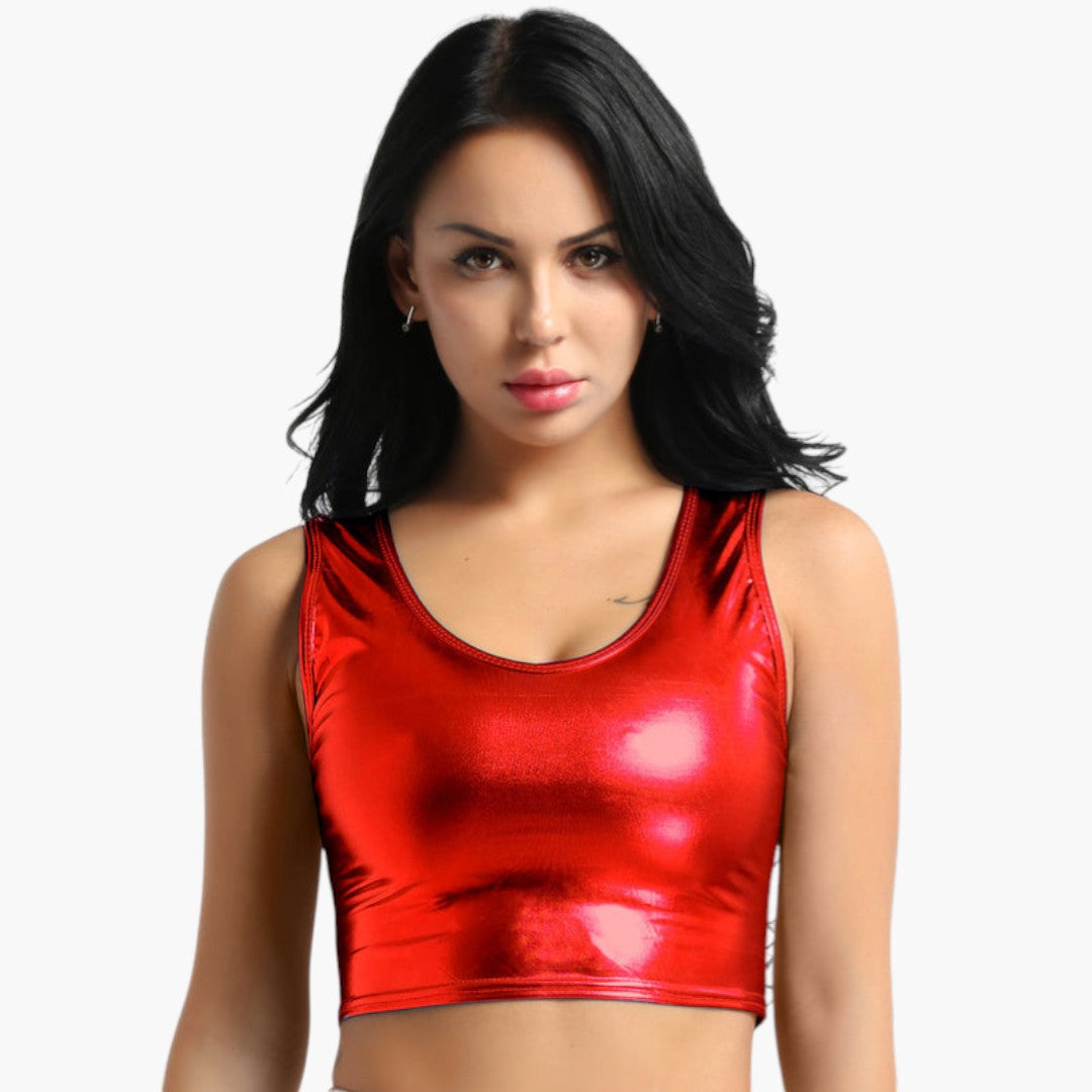 Top curto para mulher com decote aberto e superfície brilhante