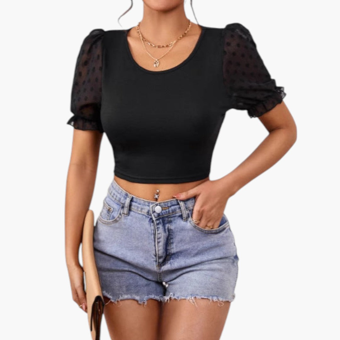 Top corto para mujer con escote redondo y mangas abullonadas