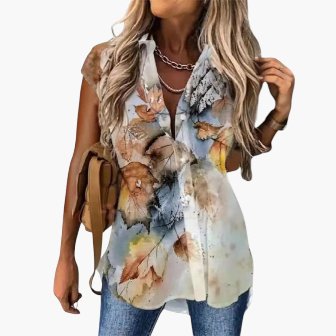 Women's top with butterfly print and button placket