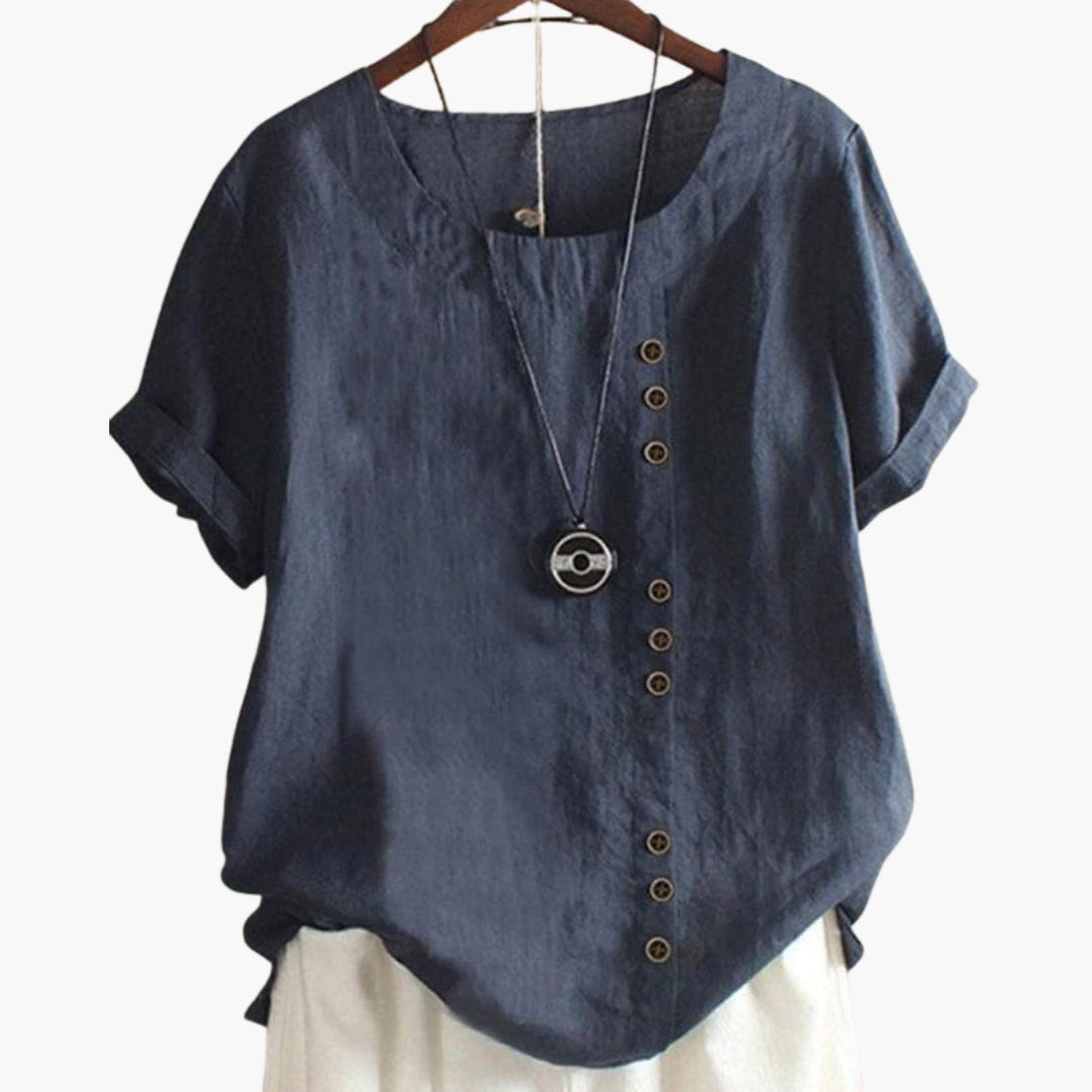 Haut femme manches courtes col rond avec boutons décoratifs