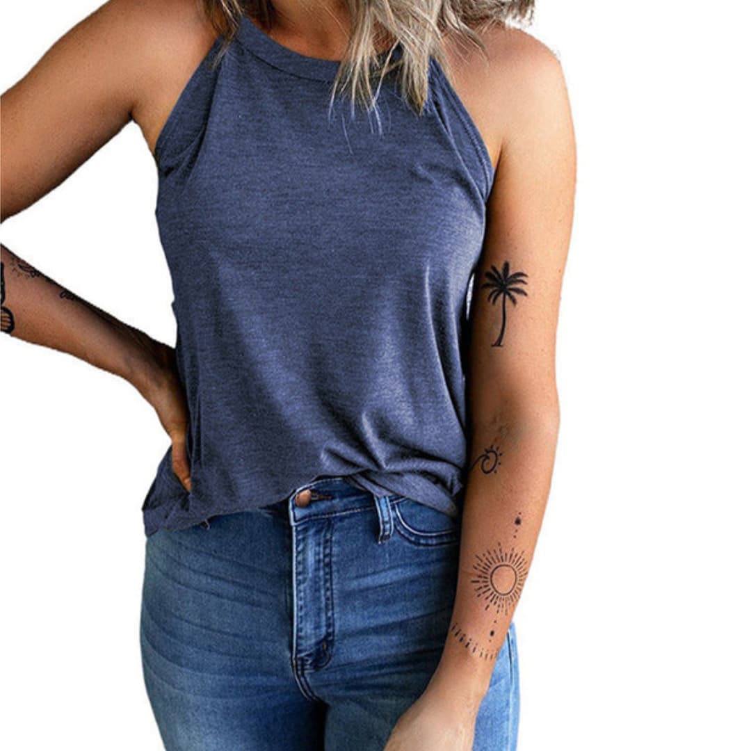 Women's sleeveless top with high neckline and loose fit