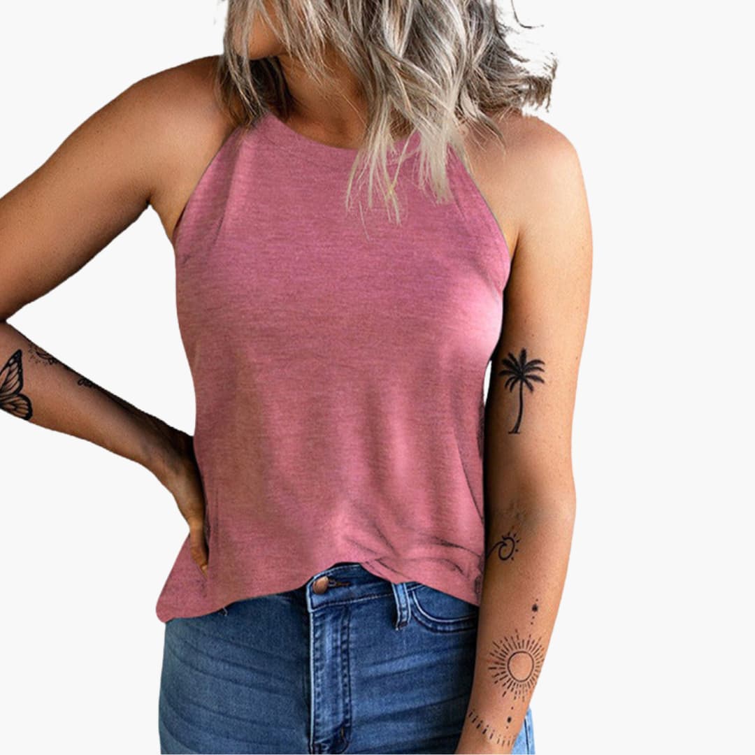 Women's sleeveless top with high neckline and loose fit