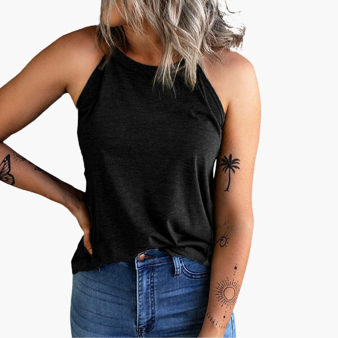 Women's sleeveless top with high neckline and loose fit