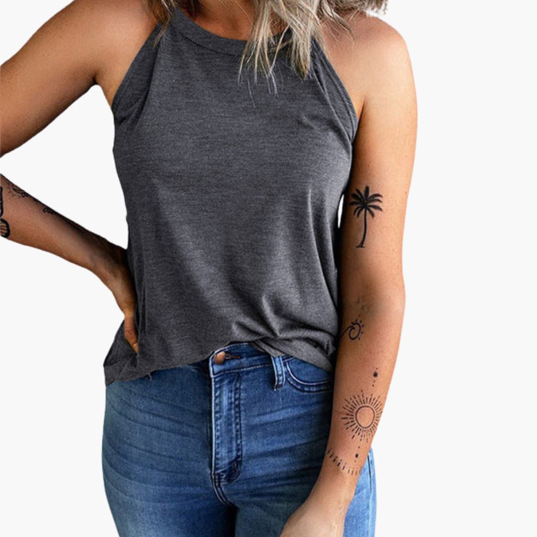 Women's sleeveless top with high neckline and loose fit