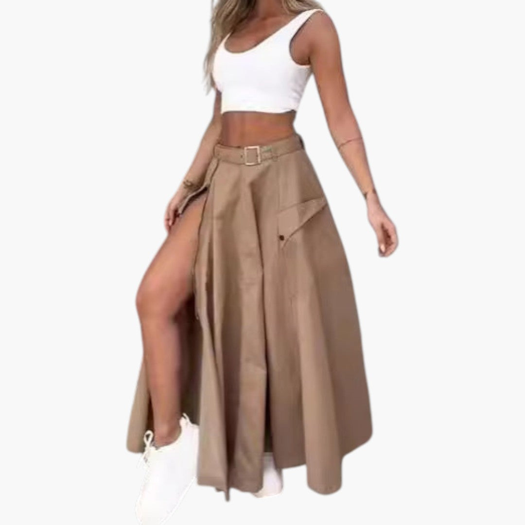 Saia Maxi Feminina com Cintura Cintada e Fenda Lateral