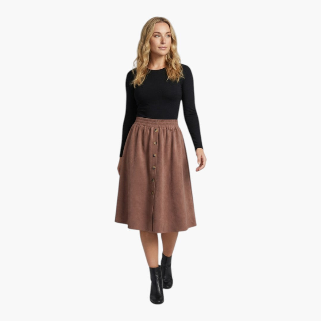 Gonna Midi Donna con Vita Elastica e Bottoni Frontali