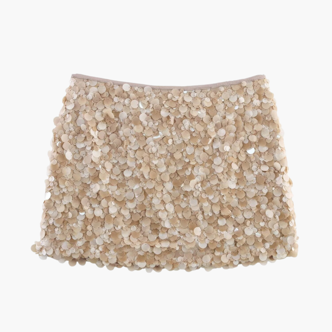 Kurzer Rock für Damen mit Paillettenoberfläche und geradem Saum