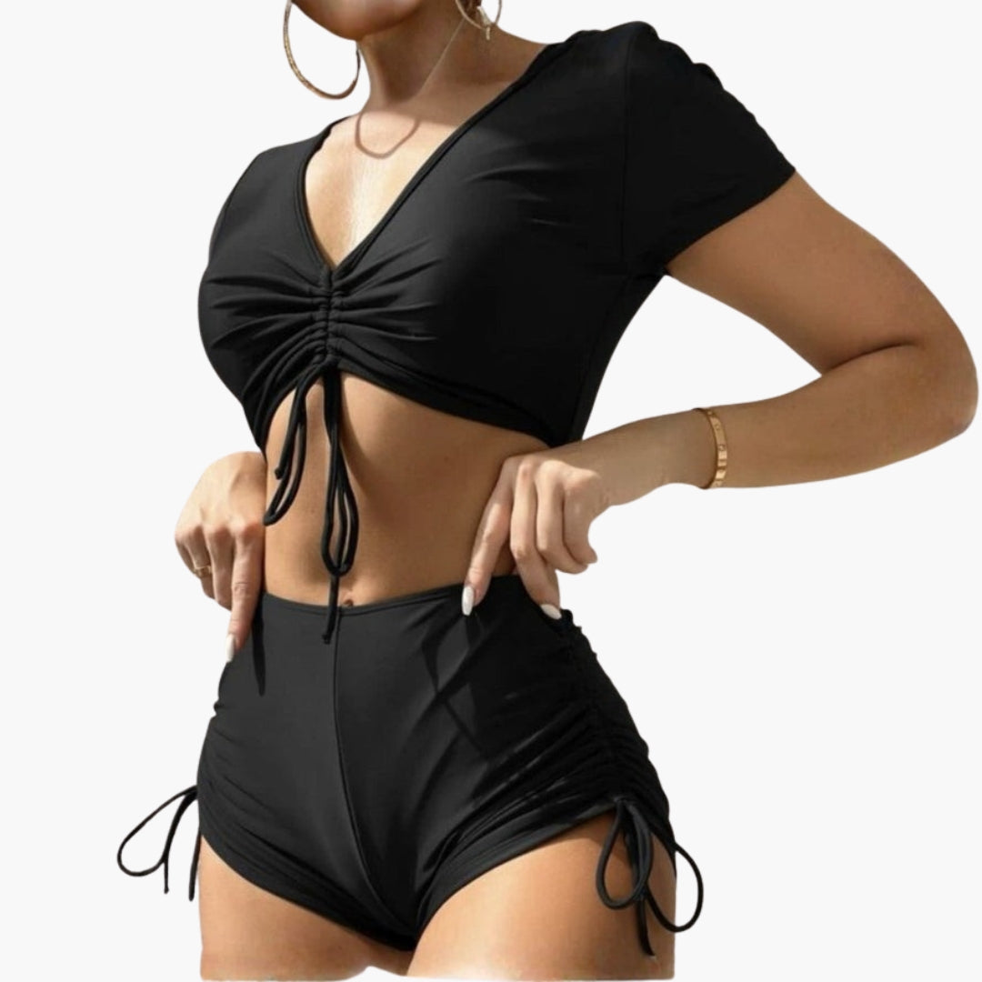 Maillot de bain femme deux pièces col V a short à cordon