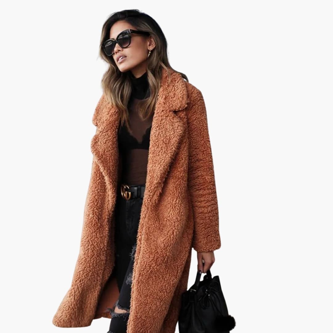 Manteau long femme avec col à revers et surface pelucheuse