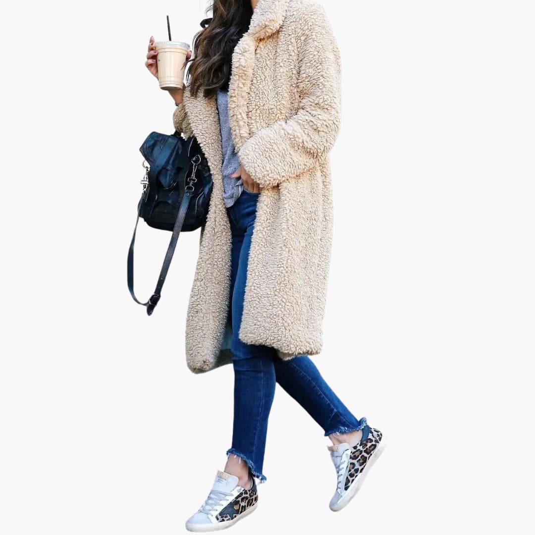 Manteau long femme avec col à revers et surface pelucheuse
