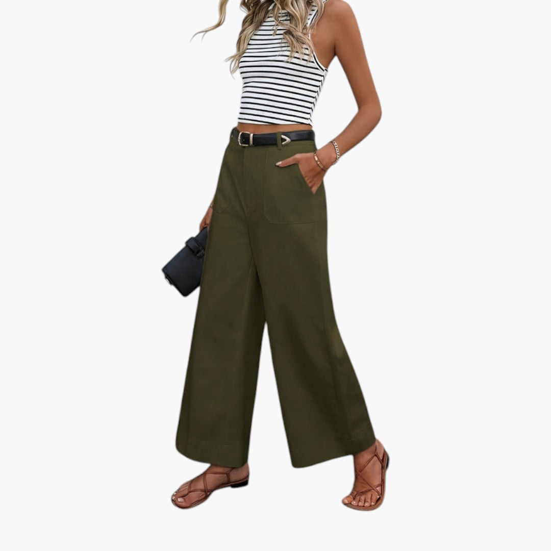 Pantalon Femme Taille Haute avec Fermeture Zippée et Poches Latérales