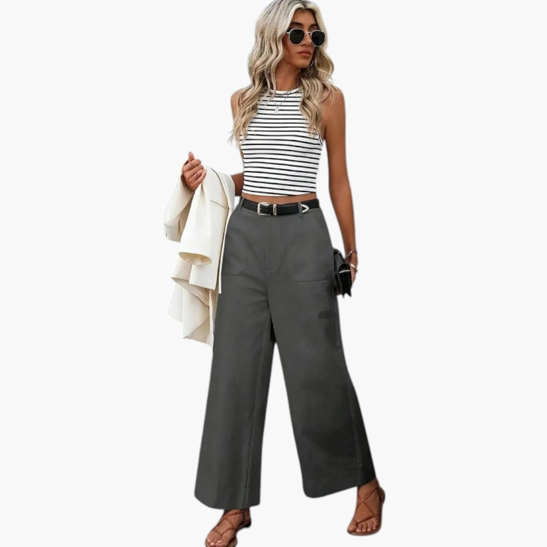 Pantalon Femme Taille Haute avec Fermeture Zippée et Poches Latérales