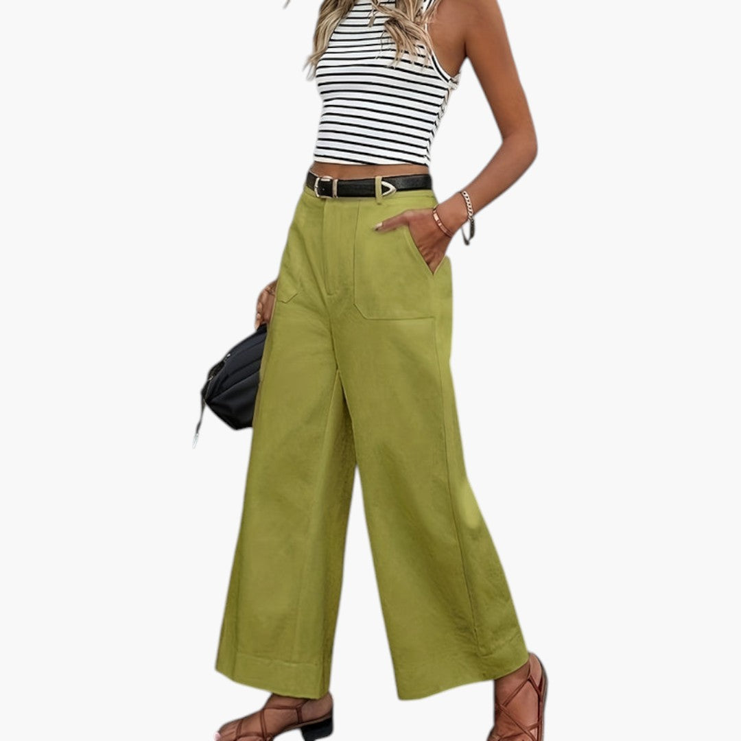 Pantalon Femme Taille Haute avec Fermeture Zippée et Poches Latérales