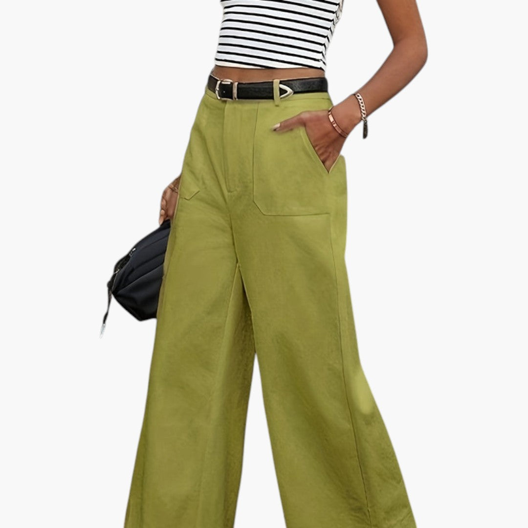 Pantalon Femme Taille Haute avec Fermeture Zippée et Poches Latérales
