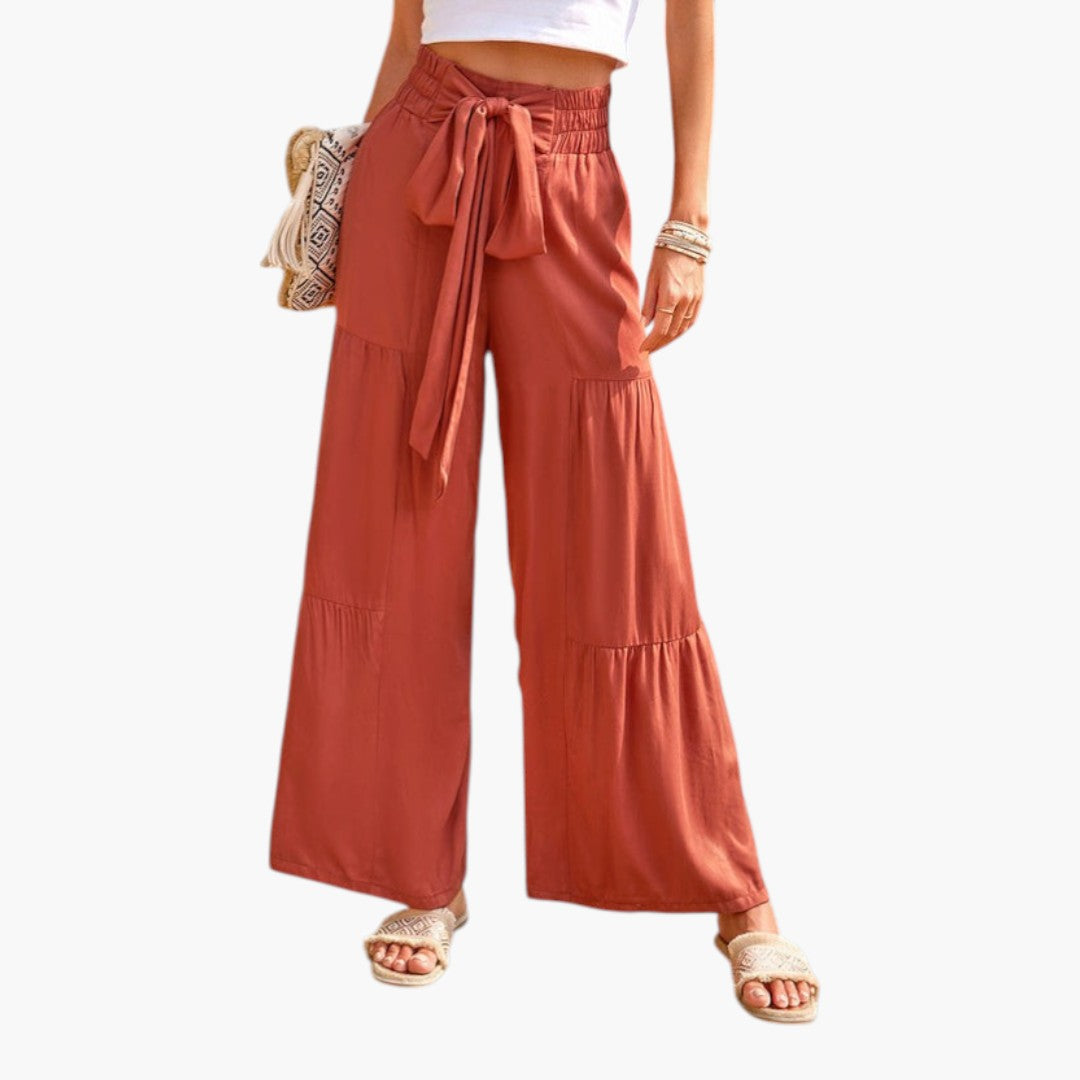 Pantalon Palazzo Femme a Ceinture à Nouer et Ourlet à Volants