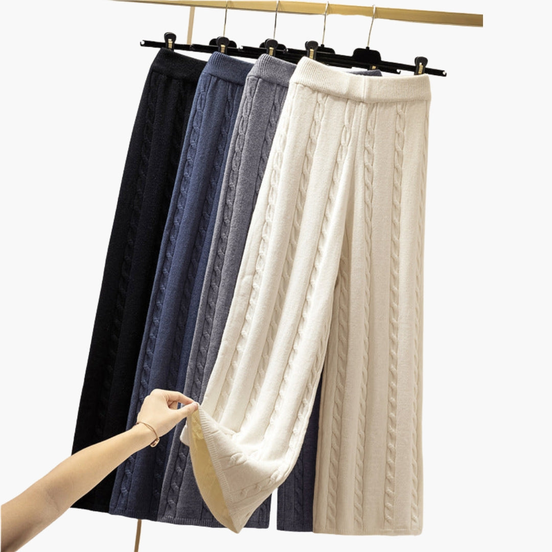 Pantalon Palazzo Femme a Taille Élastique et Maille Torsadée