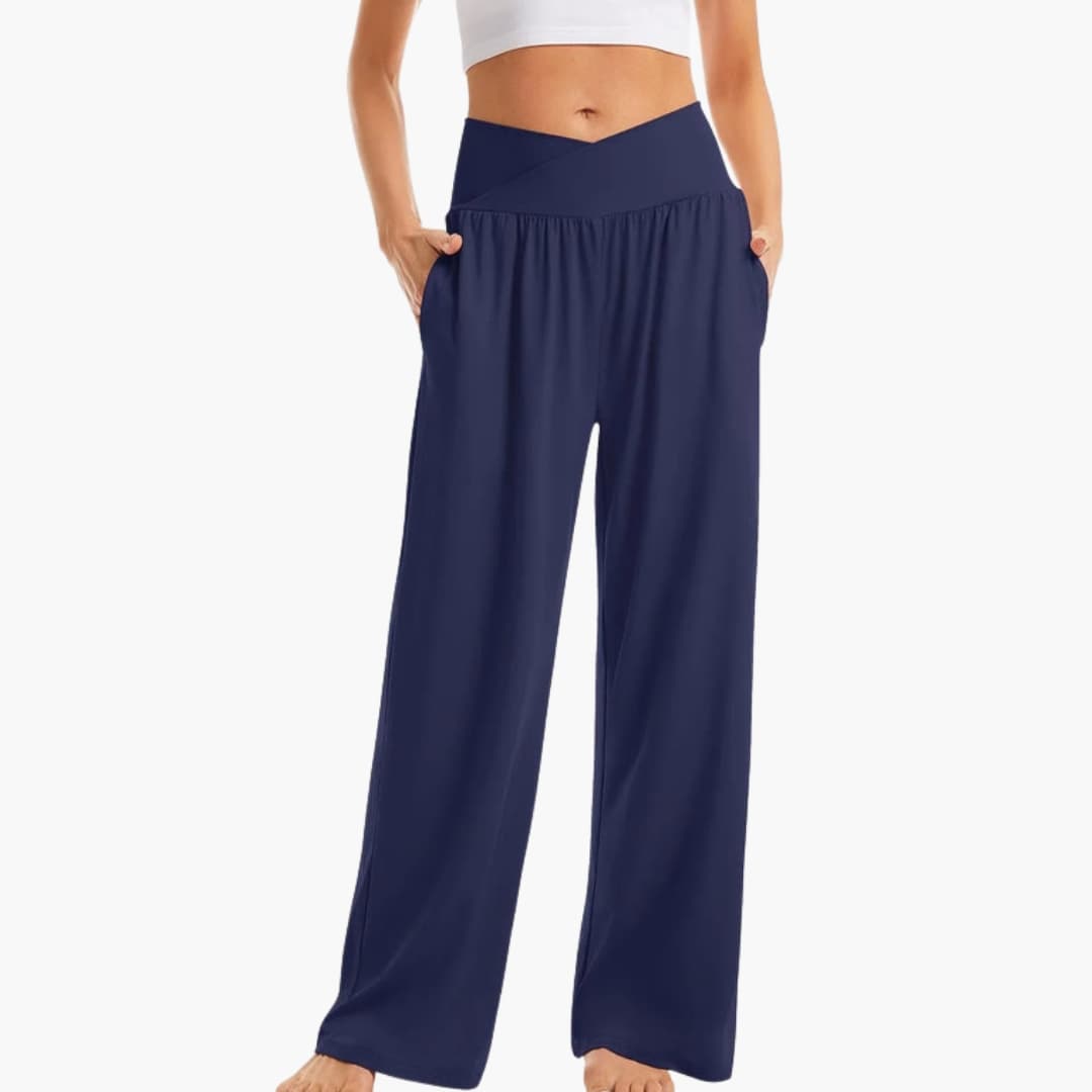 Pantalon femme à jambes larges avec poches latérales et taille élastique