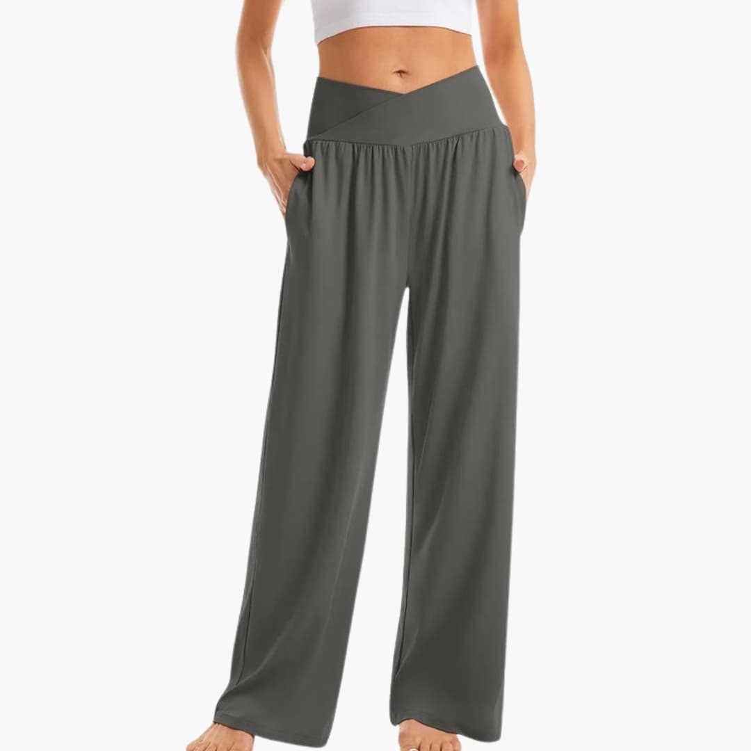 Pantalon femme à jambes larges avec poches latérales et taille élastique