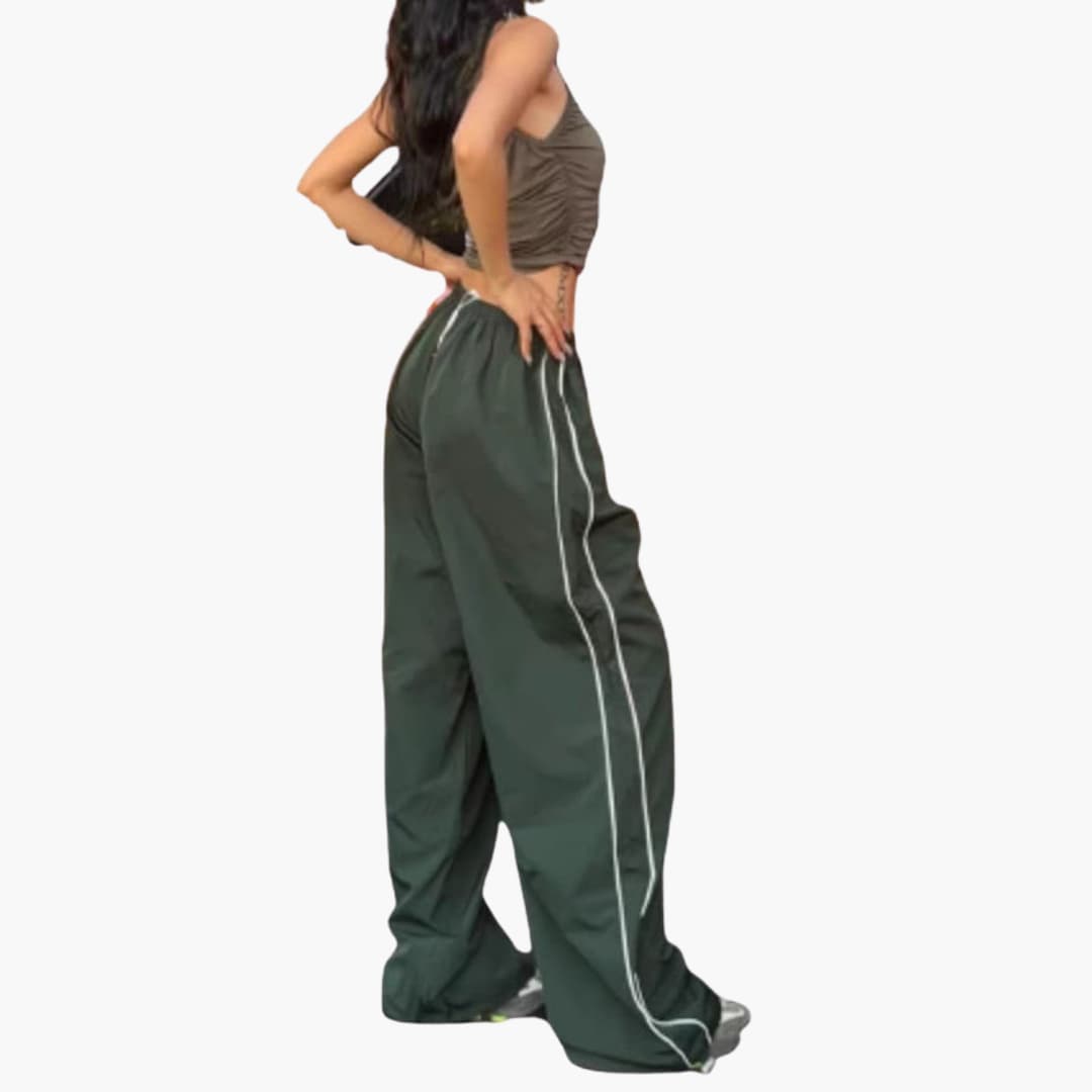 Pantalon palazzo femme avec taille élastique et surpiqûres contrastées