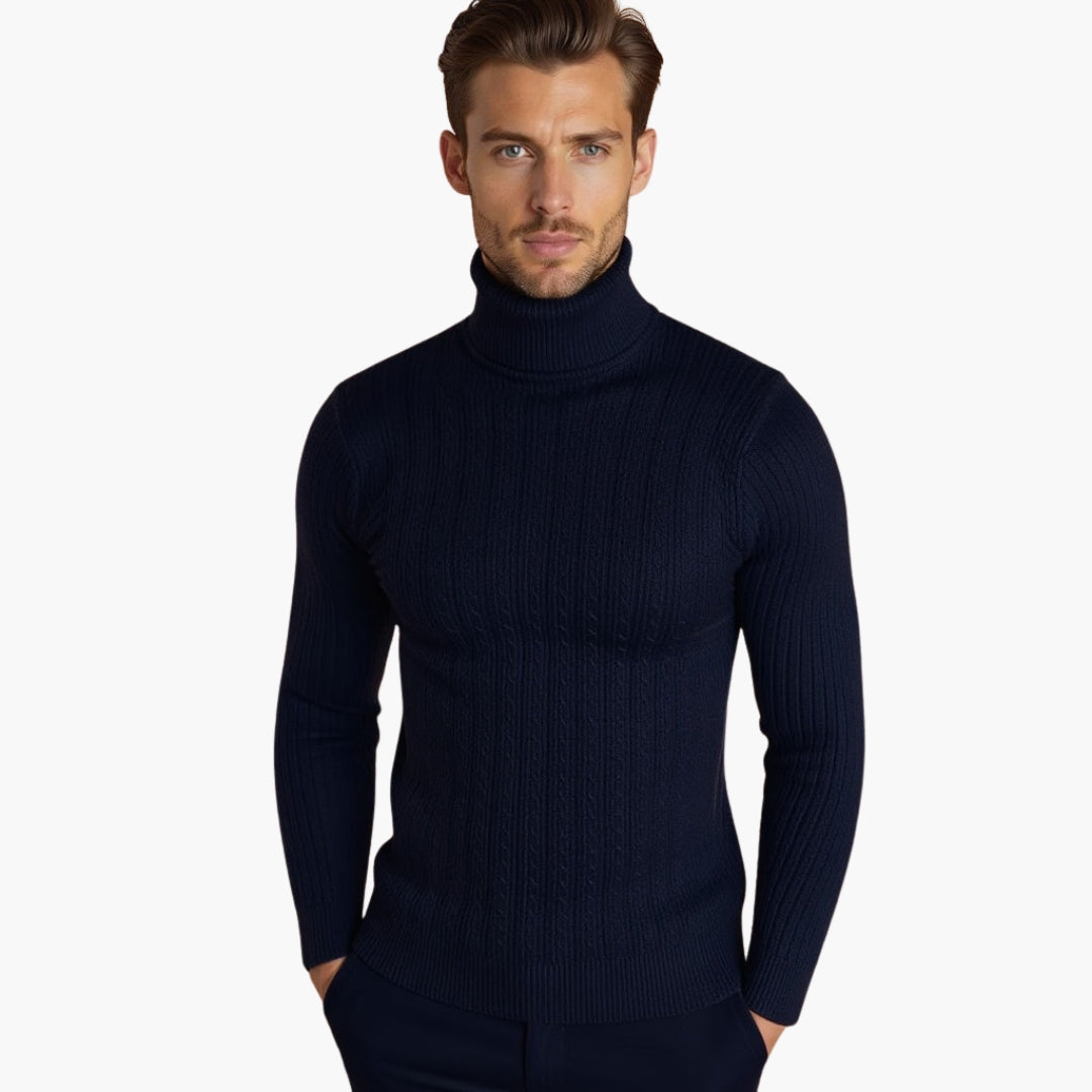 Maglione Uomo Collo Alto con Motivo Intrecciato e Orlo a Costine