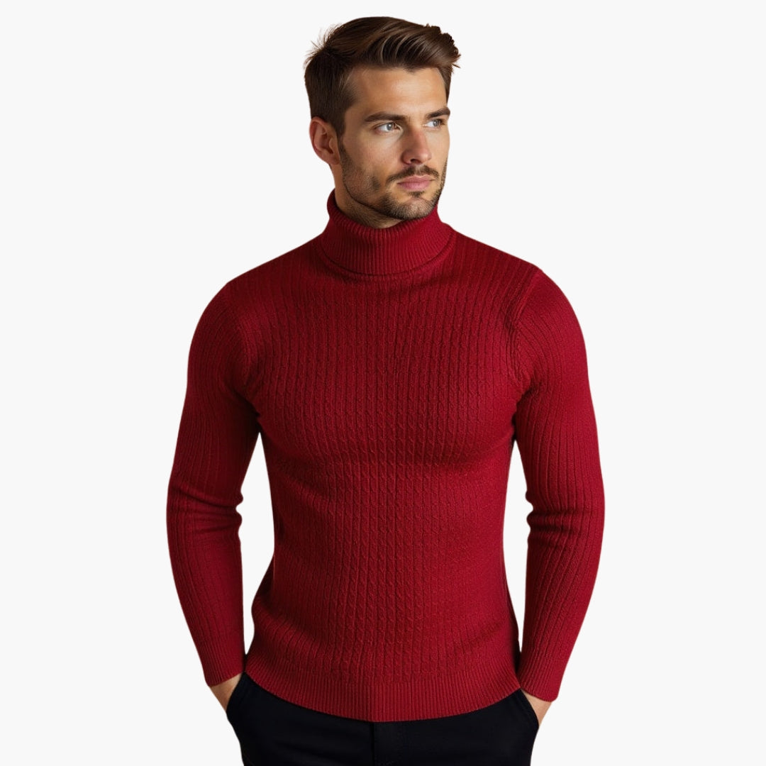 Maglione Uomo Collo Alto con Motivo Intrecciato e Orlo a Costine