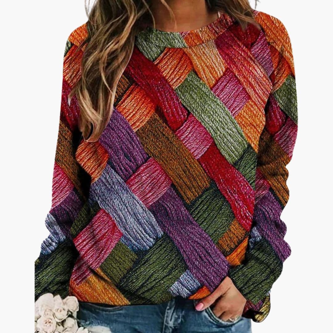 Pull Femme Col Rond avec Motif Tissé Multicolore
