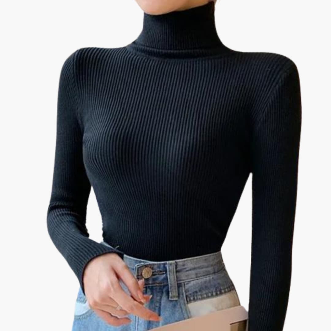 Dame rullekrave sweater med ribstrik og lange ærmer