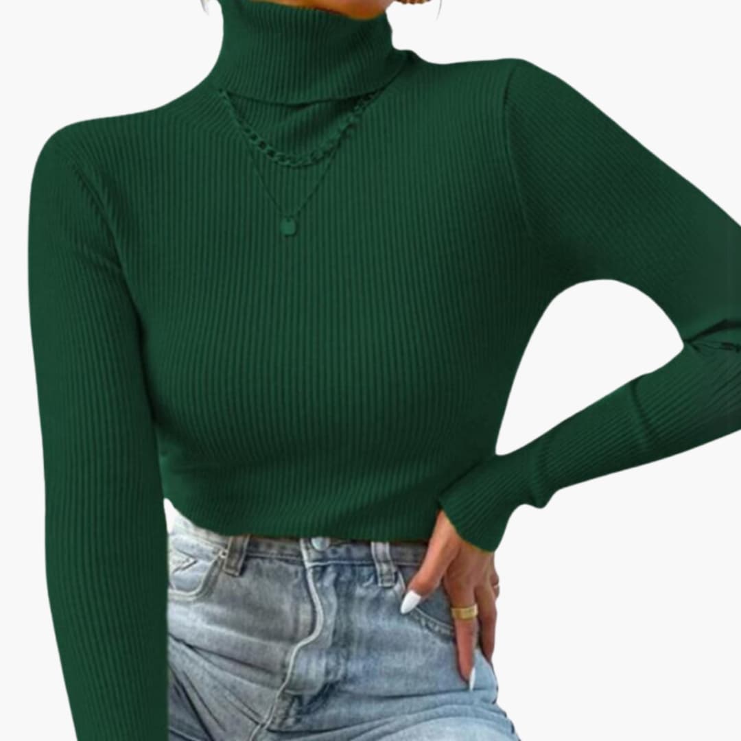Dame rullekrave sweater med ribstrik og lange ærmer