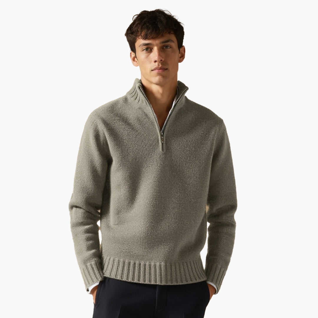 Herrenpullover mit halbem Reißverschluss, Stehkragen und geripptem Saum