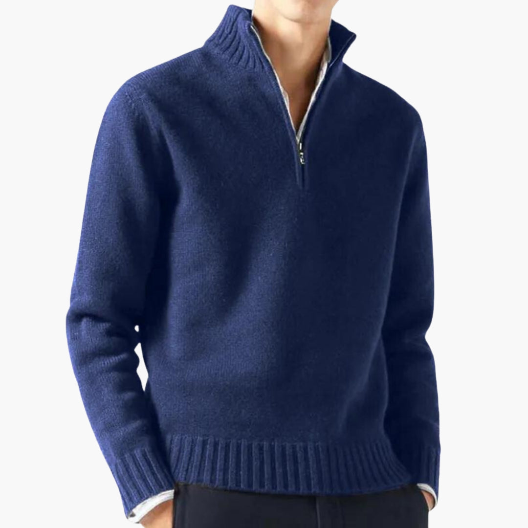 Herrenpullover mit halbem Reißverschluss, Stehkragen und geripptem Saum