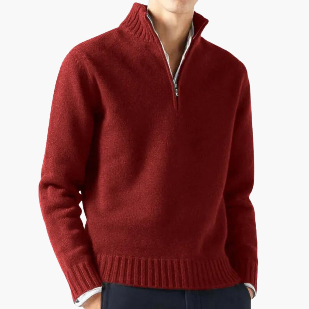 Herrenpullover mit halbem Reißverschluss, Stehkragen und geripptem Saum