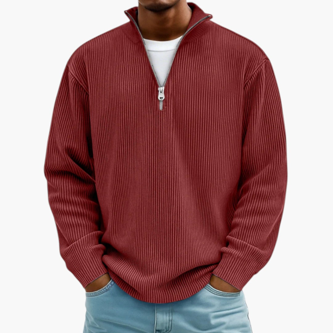 Men's Sweater with Zip Collar and Ribbed Texture